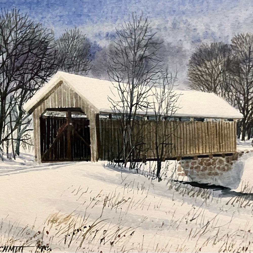 Listed Artist JACK SCHMITT Watercolor / COVERED BRIDGE IN SNOW / Triple Matted